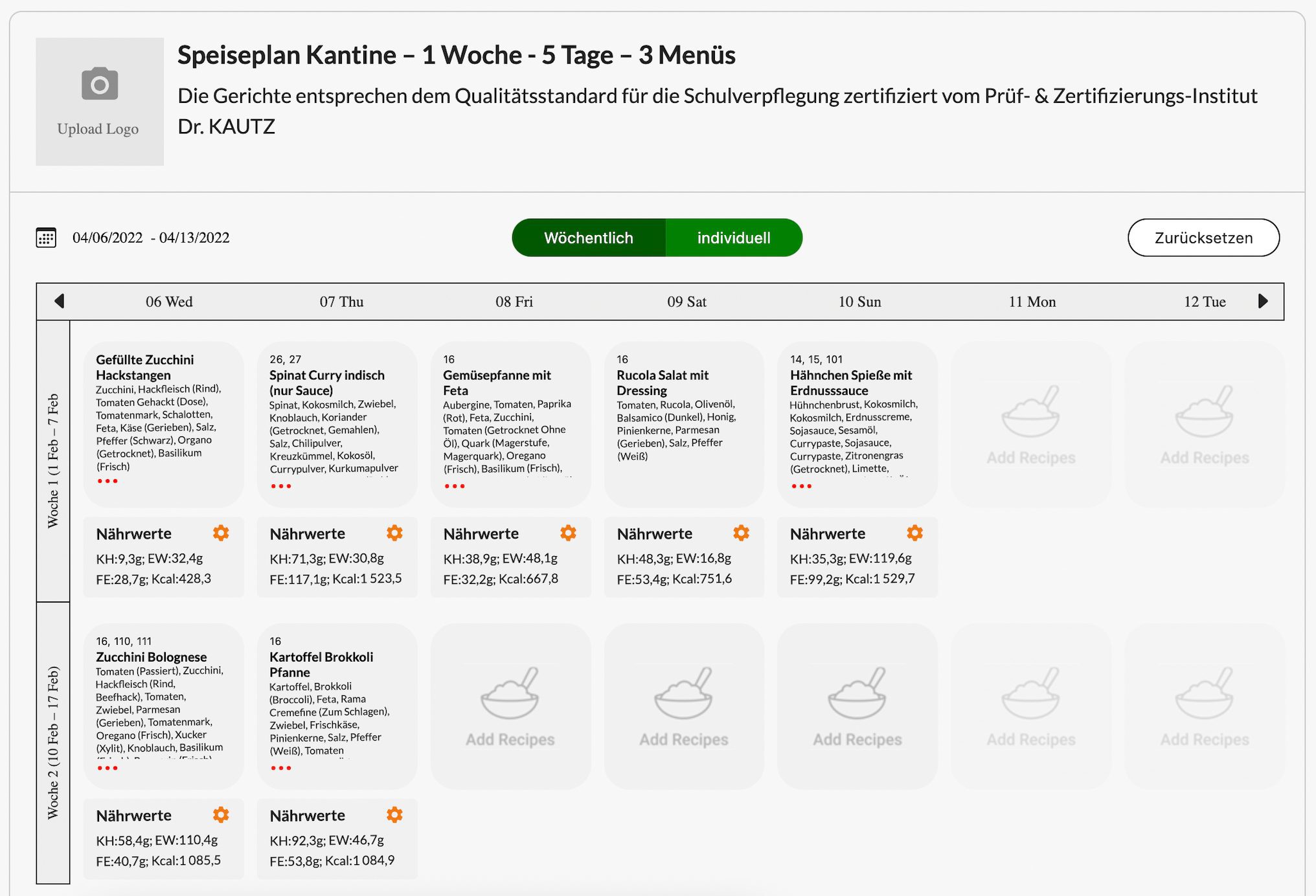 Wochenspeiseplan Vorlage mit Rezepten füllen